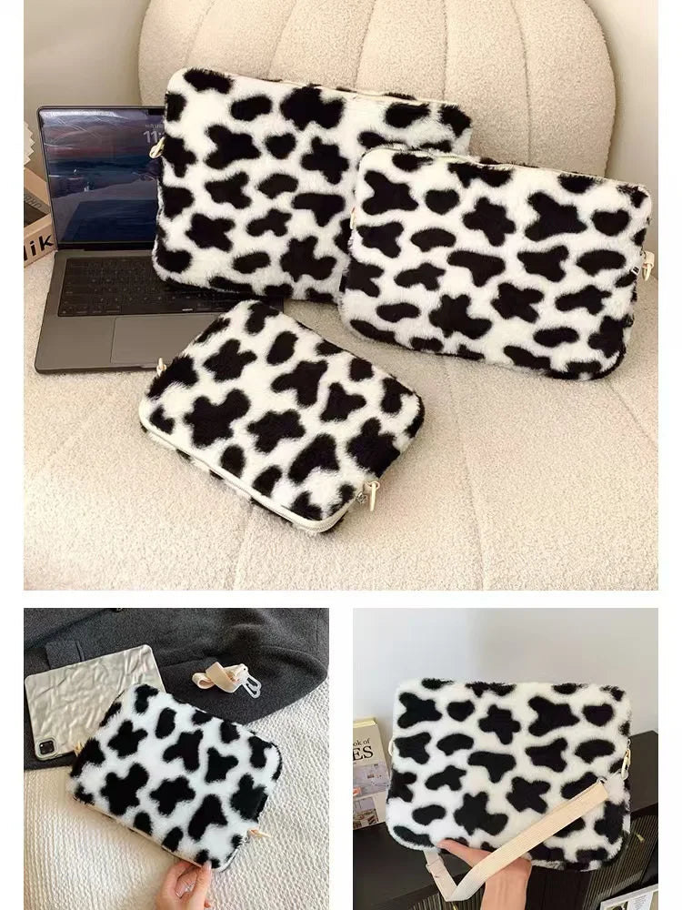 Housse ordinateur en peluche léopard