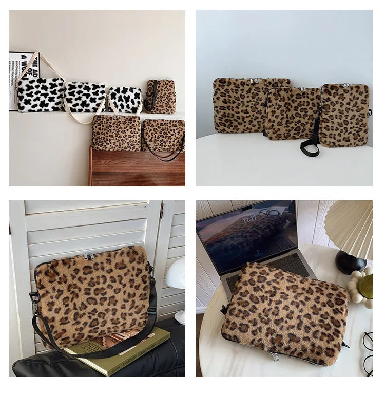 Housse ordinateur en peluche léopard
